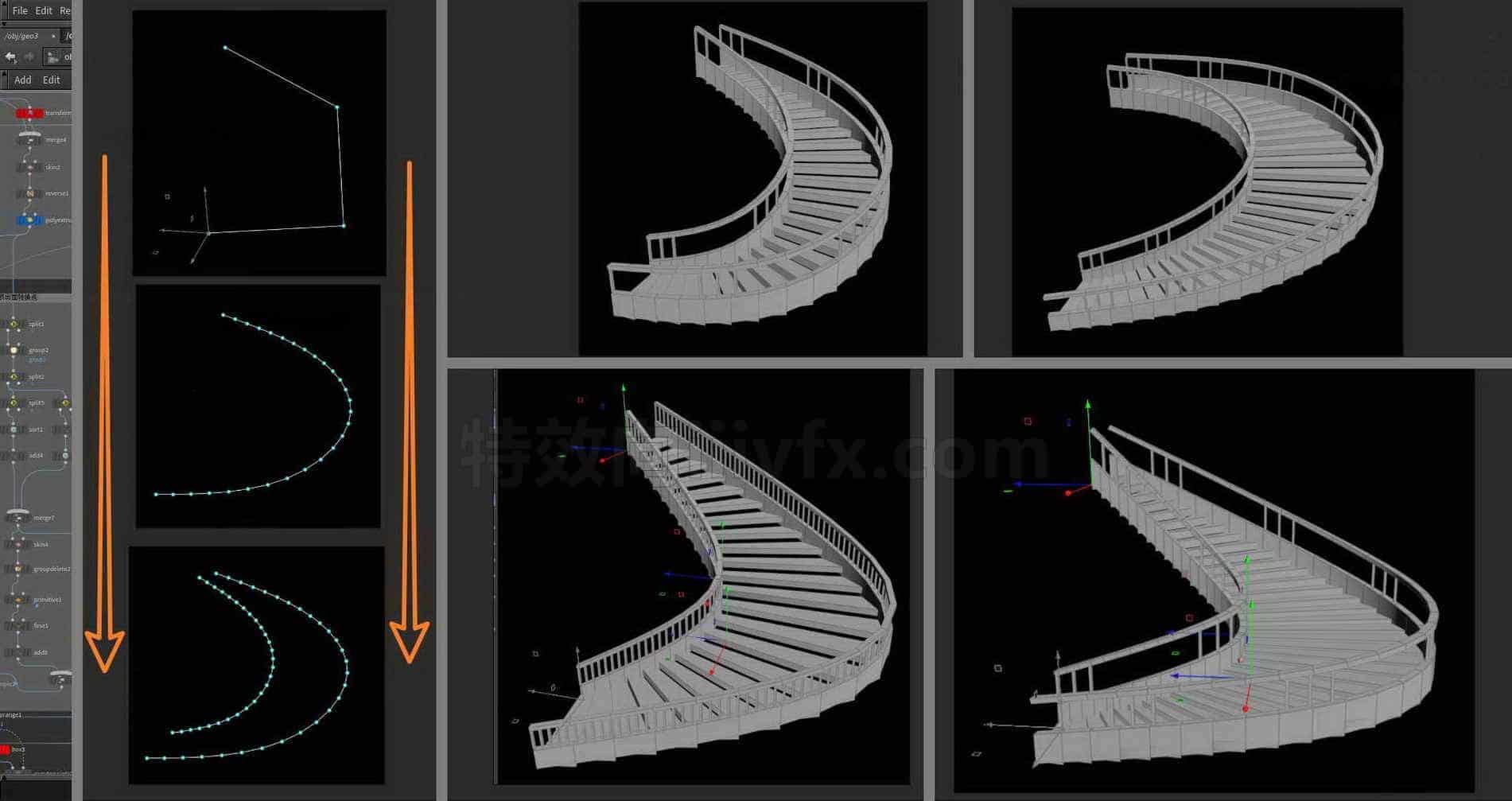 Houdini_程序化生成螺旋楼梯方法和思路-工具分享落于