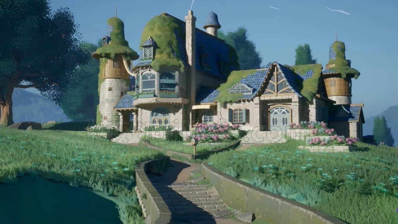 UE5卡通风格化房子蔚蓝山坡山丘场景模型虚幻5 Stylized Azure Hillside