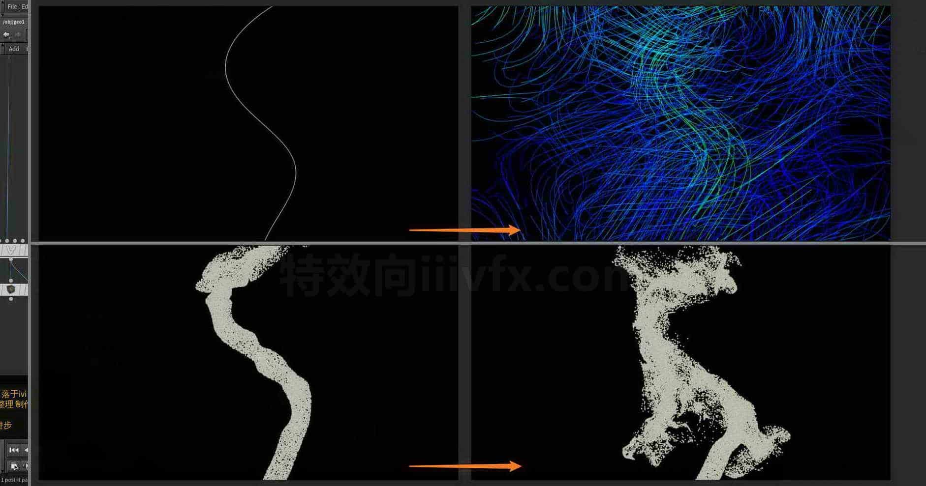 Houdini_基于曲线_配置噪波速度场_驱动粒子-工具分享落于