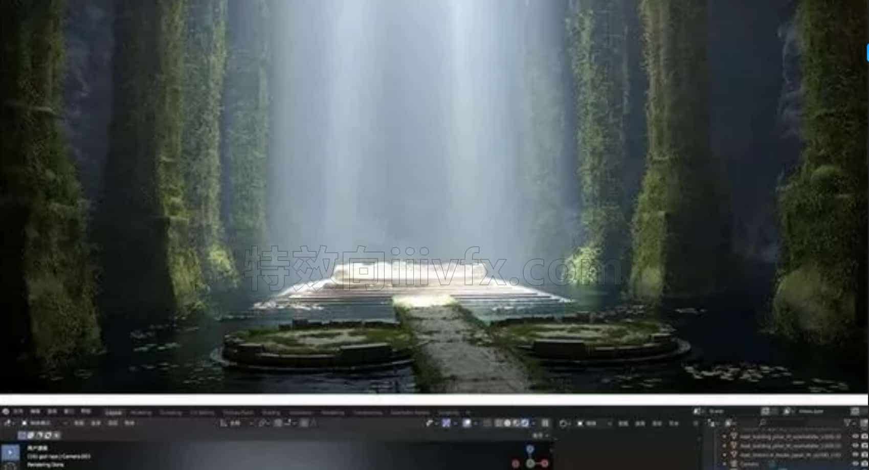 Blender地底神庙建筑渲染工程blend石柱模型含材质灯光Cycles渲染