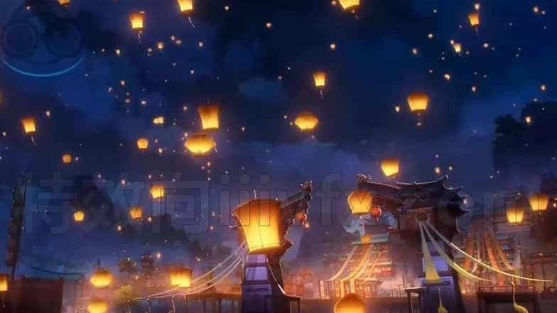 blender中国古风建筑海上主城街道广场节日张灯结彩3D场景模型
