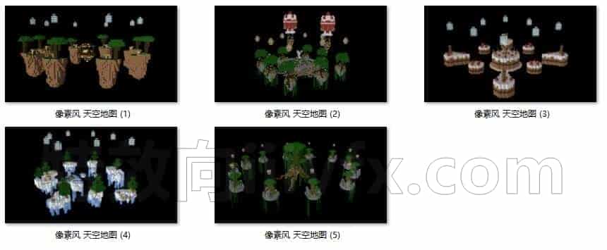 C4DC-001-5个-天空岛屿-像素风-游戏-C4D模型A科幻-武器-工业