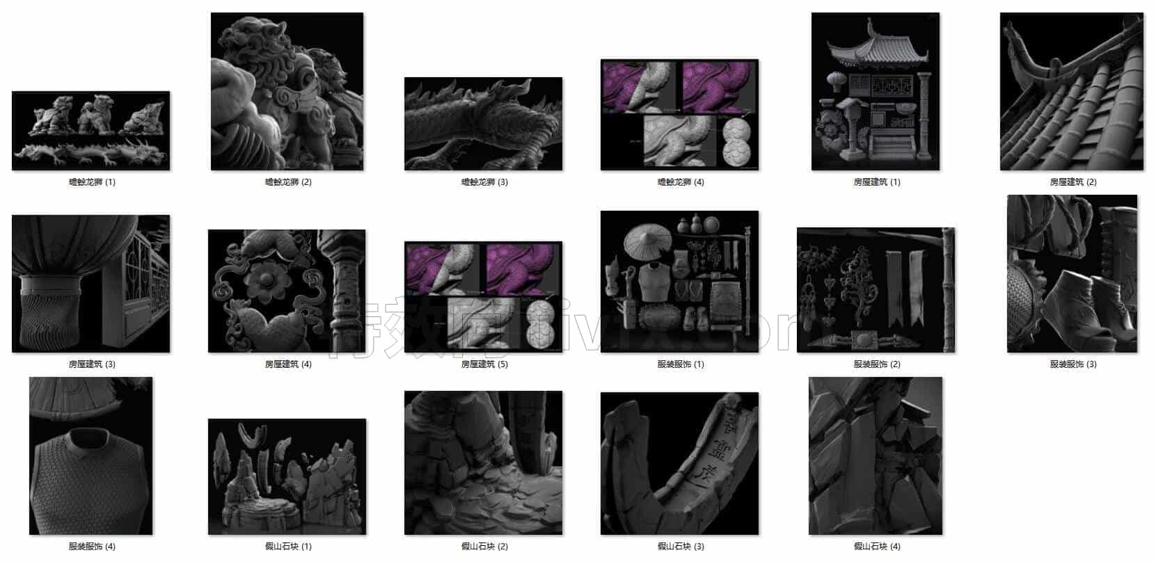C4DD-023-40个-古风人物服饰-建筑-龙狮-蛤蟆-假山-灯笼窗户-C4D模型A人物-动物-食物