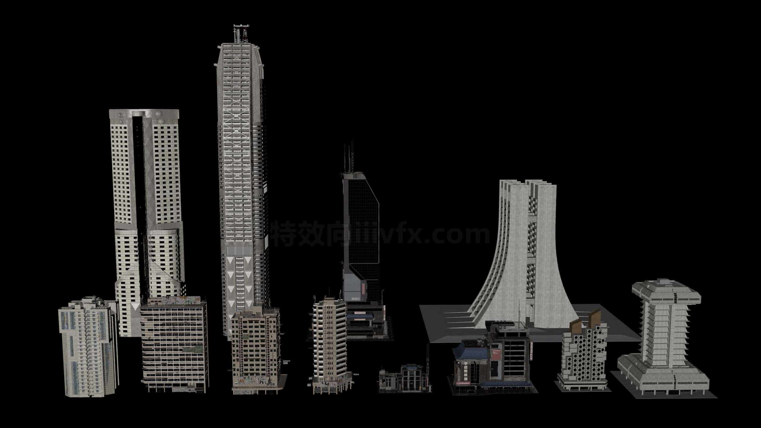 C4DE-006-12个-科幻赛博朋克未来城市楼房建筑-C4D模型A户外-城市-建筑