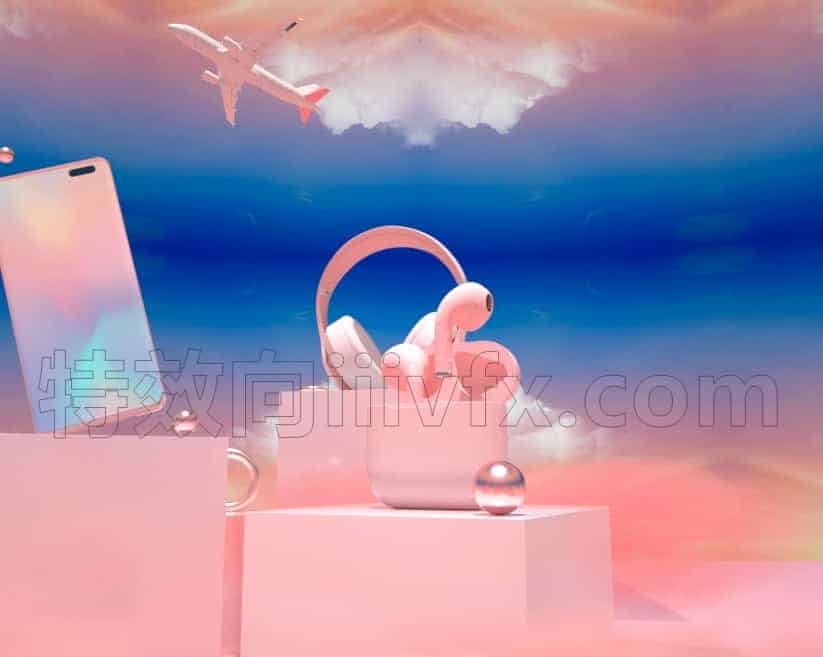 C4DF-037-粉色手机耳机-Octane渲染-C4D模型A数码-电器-设备