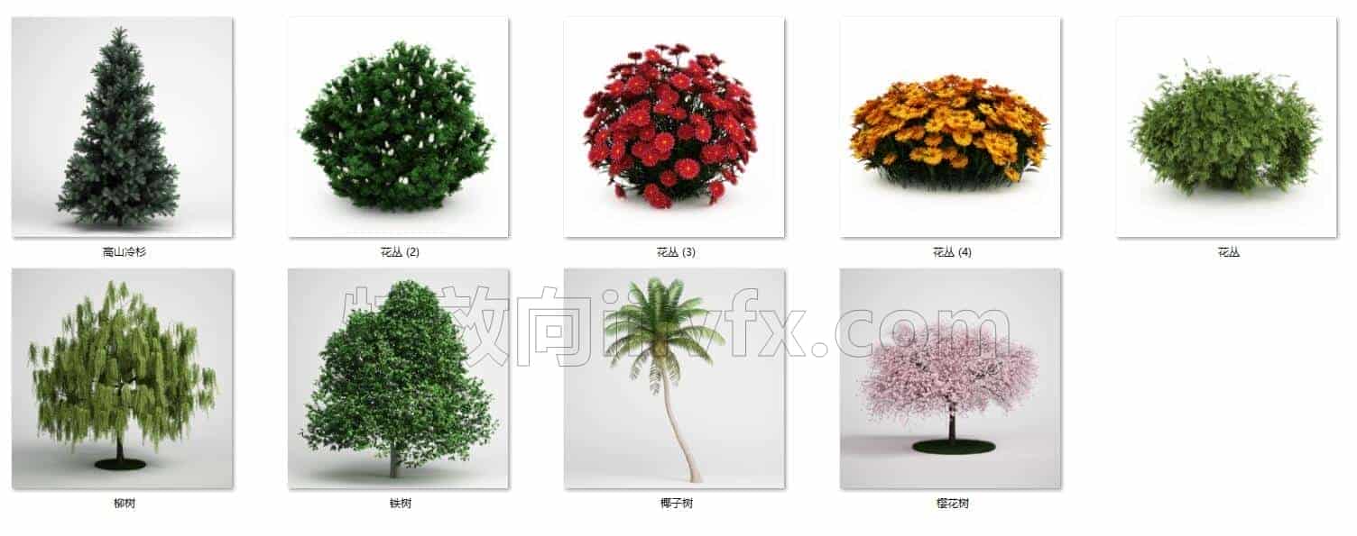 C4DG-001-9个花园-鲜花-树木-C4D模型A植物-花树-草地