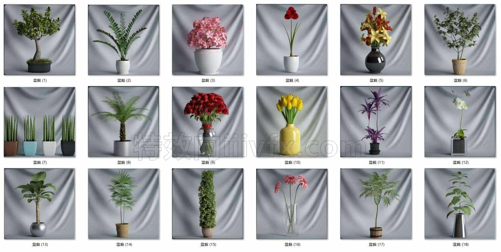 C4DG-003-18个-鲜花-花瓶-盆栽-C4D模型A植物-花树-草地