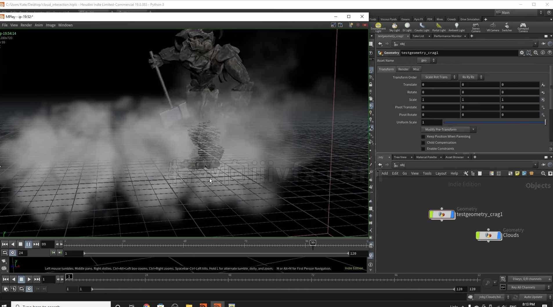 Houdini19物体与Pyro碰撞云交互hip工程