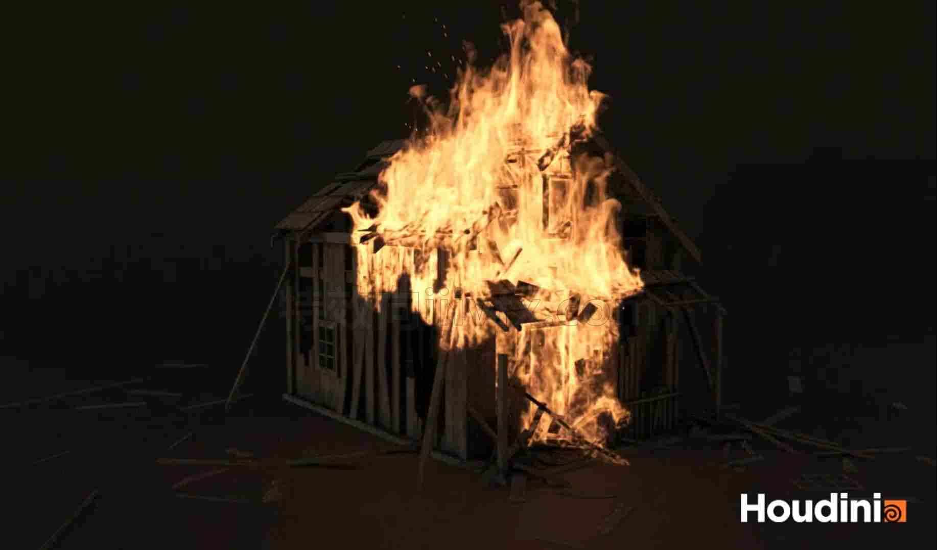 houdini小木屋着火焰fire效果hip工程文件