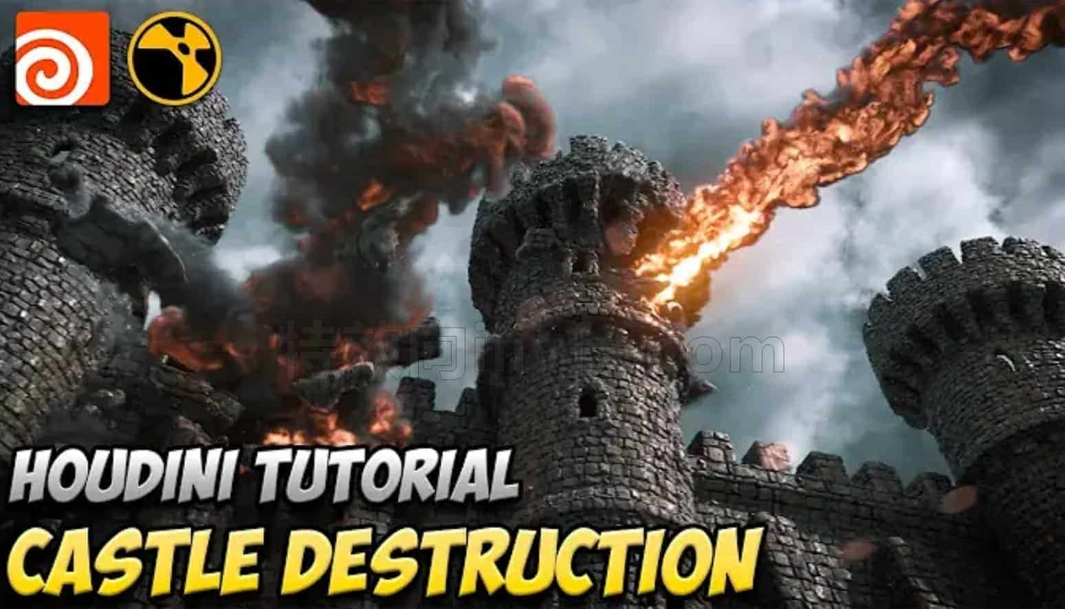Houdini + Nuke中的城堡毁灭视觉特效教程爆炸毁灭pyro拖尾Castle Destruction in Houdini + Nuke | VFX Tutorial