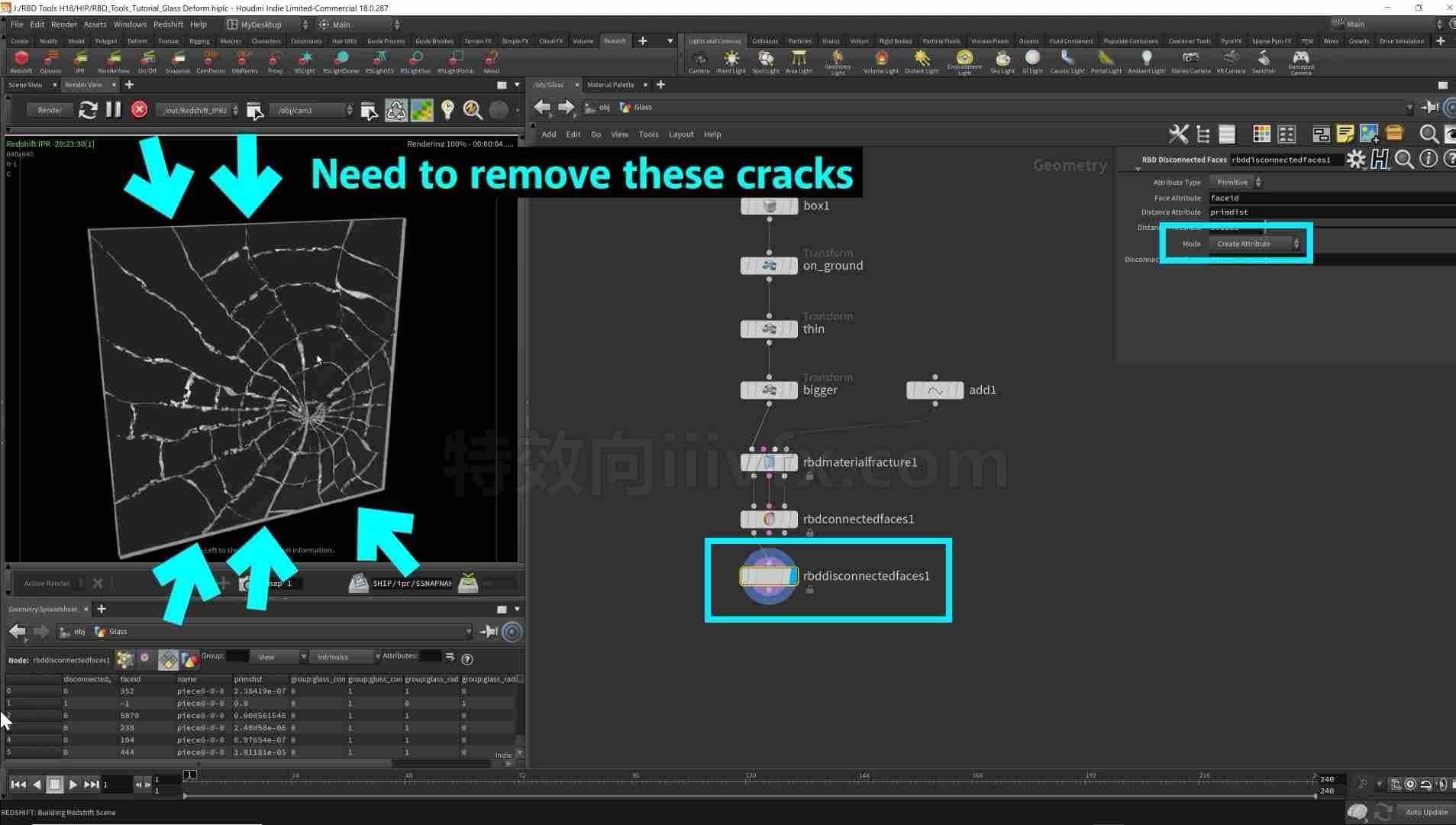 Houdini玻璃几何hip工程与RBD连接的face节点与Houdini中的RBD工具