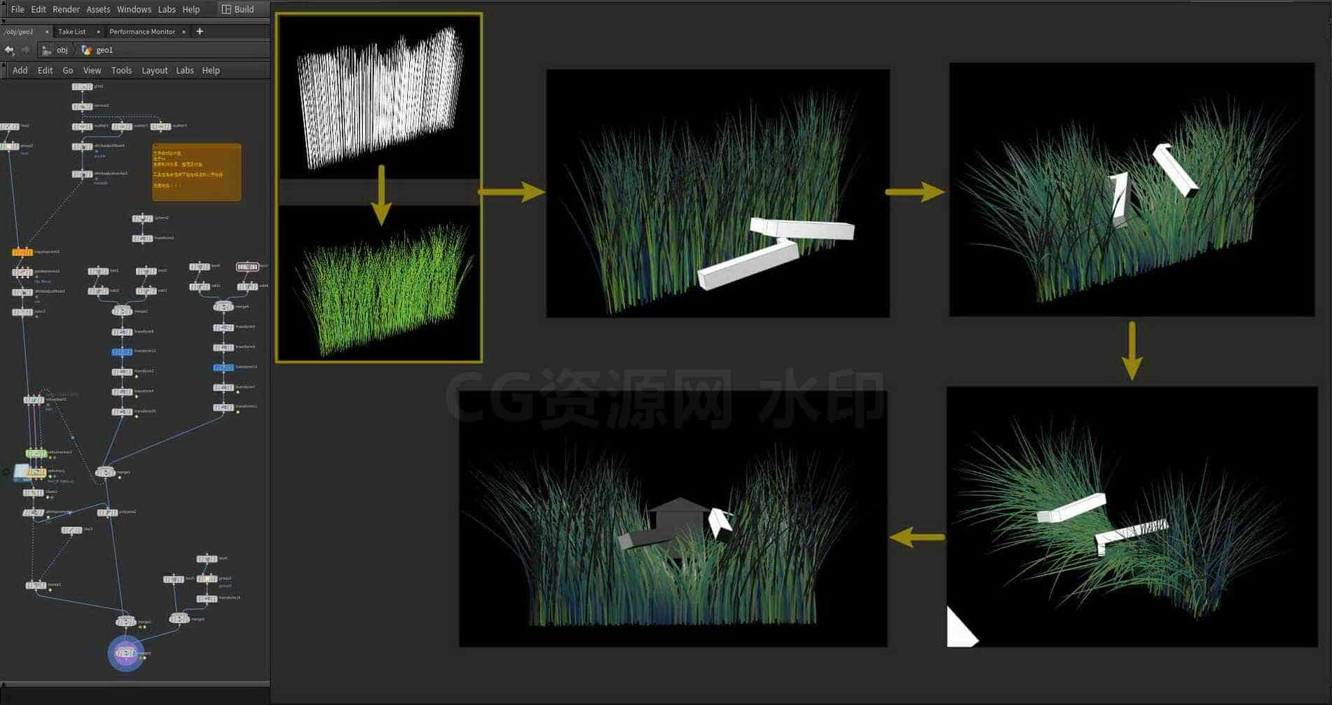 Houdini_巴拉草效果思路分享-工具分享落于-B站/公众号:特效向