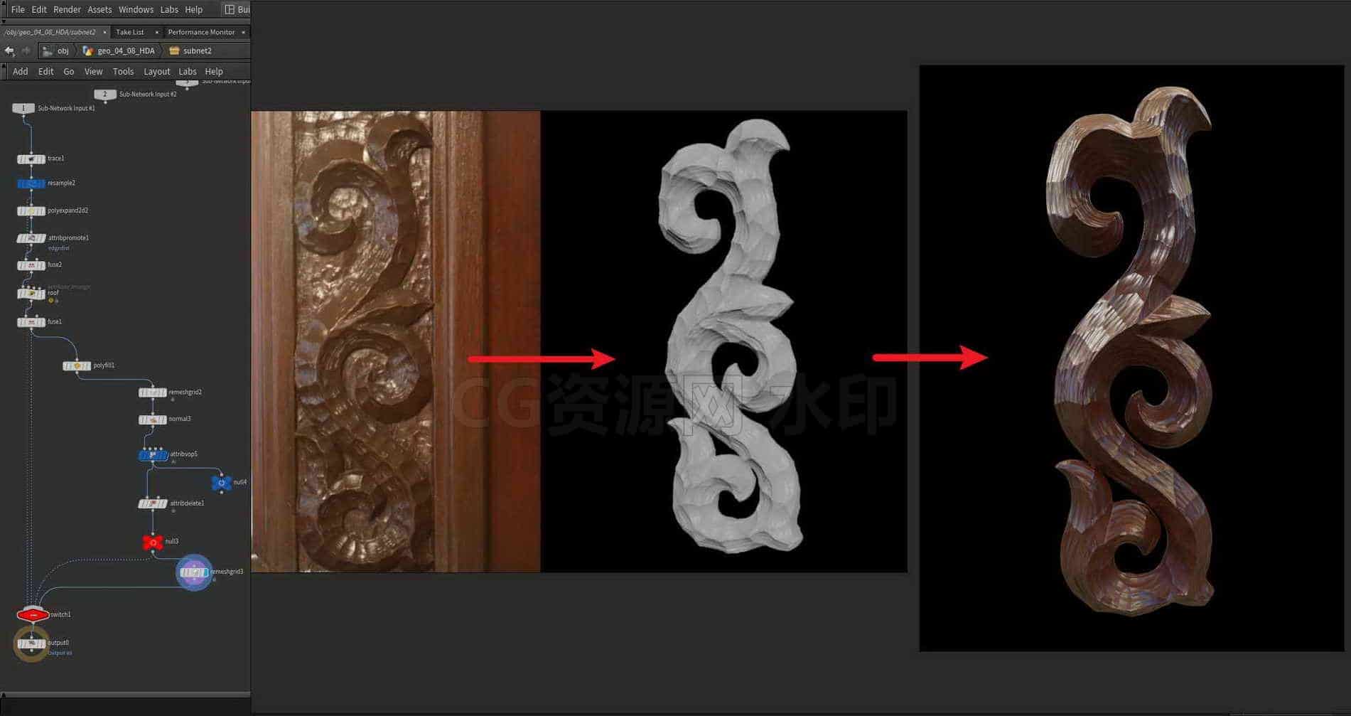 Houdini_图片转雕刻肌理的花纹模型-工具分享落于-B站/公众号:特效向