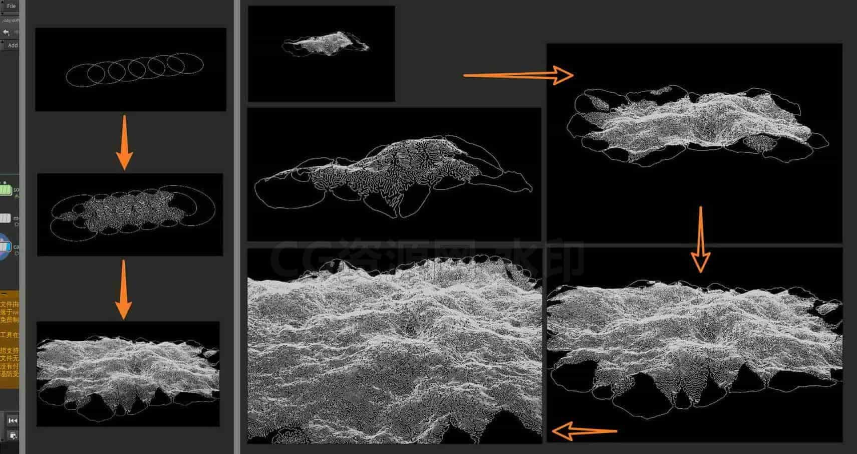Houdini_在噪波地形中生长_扩散的效果-工具分享落于-B站/公众号:特效向