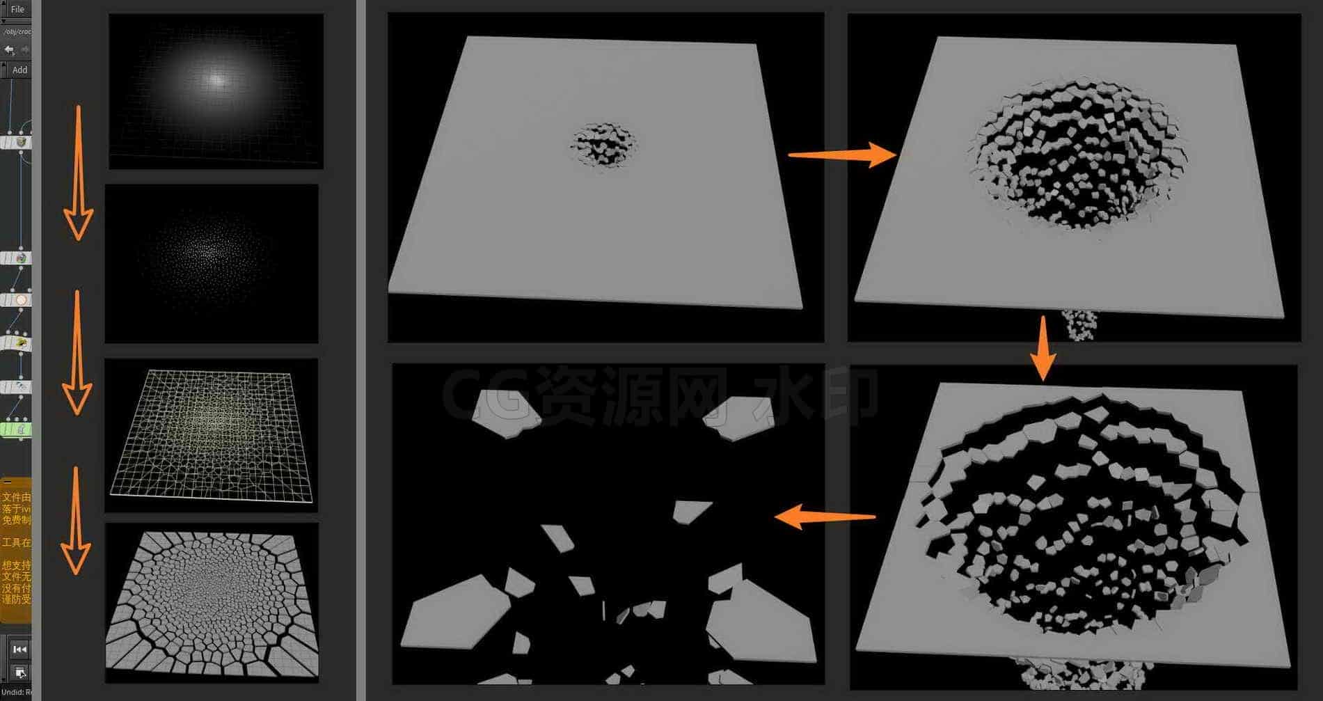 Houdini_石板从中心_逐渐碎裂的小案例-工具分享落于-B站/公众号:特效向