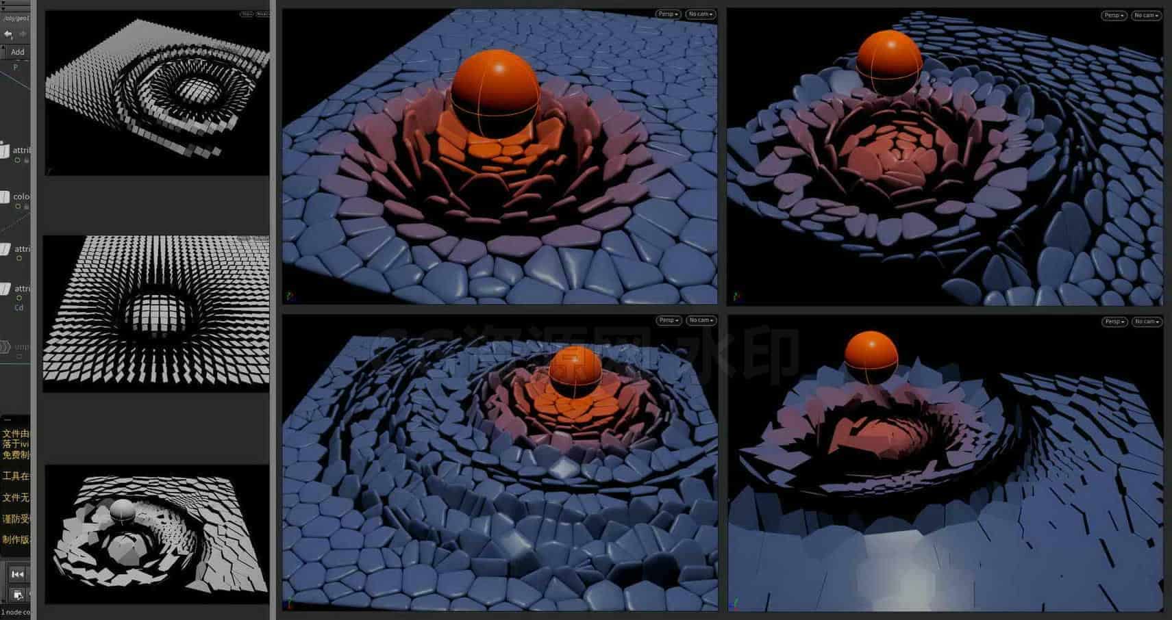 Houdini_通过矩阵变换_使用球体_影响石块翻滚-工具分享落于-B站/公众号:特效向
