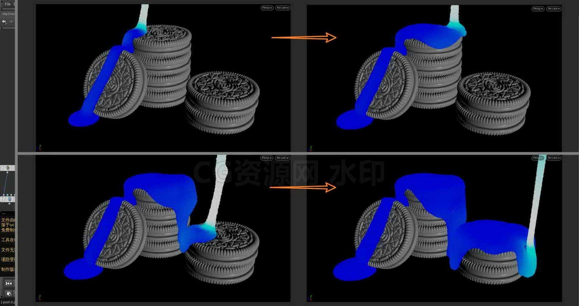 Houdini_在饼干上方_逐渐洒落粘的稠液体-工具分享落于-B站/公众号:特效向