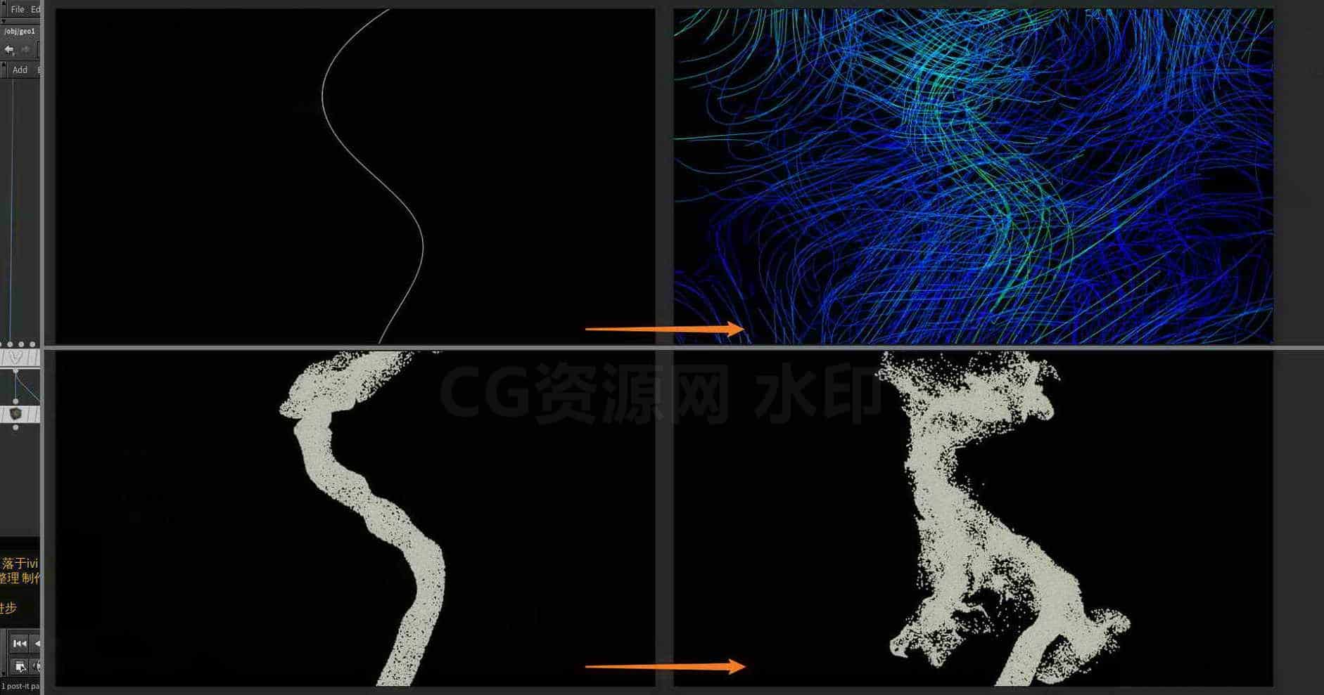 Houdini_基于曲线_配置噪波速度场_驱动粒子-工具分享落于-B站/公众号:特效向