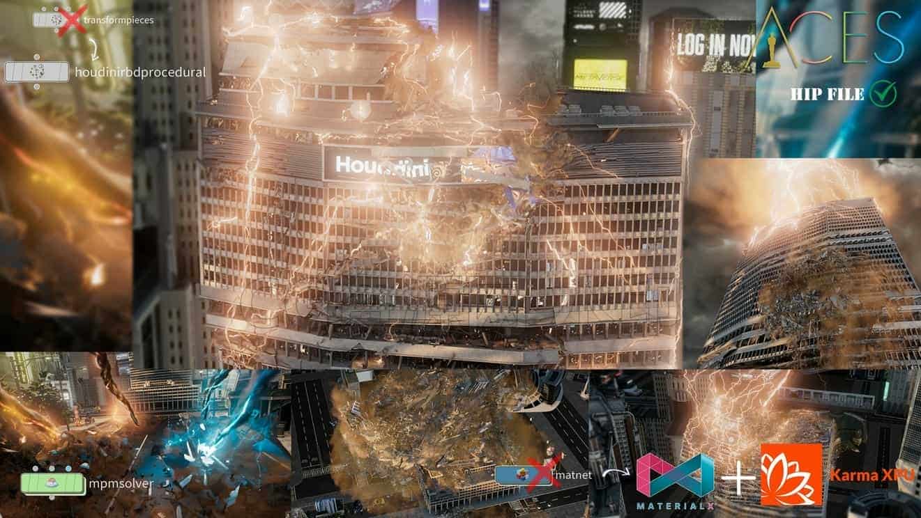 Houdini魔法闪电流破坏摧毁灭粒子破碎倒塌FX HIP文件臀部 Magic Destruction FX-B站/公众号:特效向