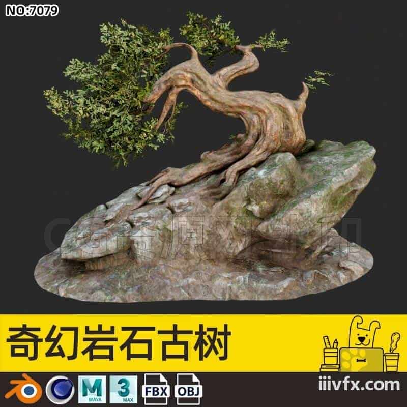 blender模型A7079_奇幻岩石古树-870G模型-B站/公众号:特效向