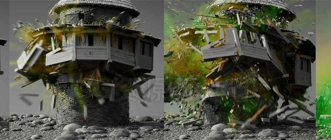 第75篇  Houdini 17塔楼破碎+渲染Hip工程-B站/公众号:特效向