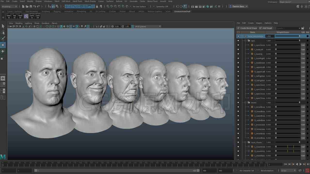 Maya中面部融合变形绑定Facial Blendshapes教程-B站/公众号:特效向