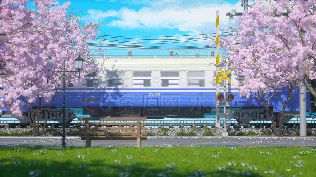 C4D模型B090-153_日式樱花火车场景-B站/公众号:特效向