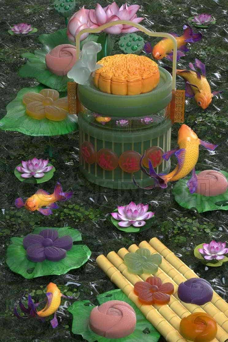 C4D模型B164-265_中秋月饼锦鲤食盒-B站/公众号:特效向