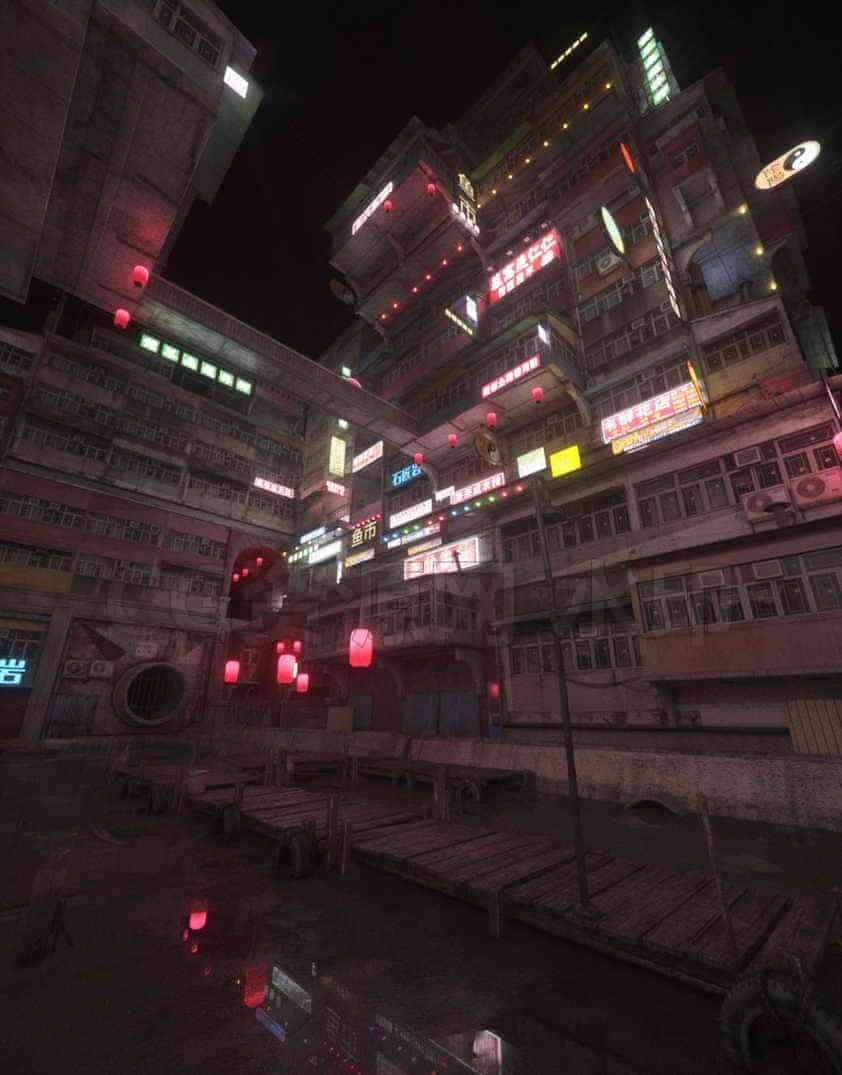 C4D模型B181-C4D赛博朋克建筑-霓虹灯风格-贫民窟场景1-B站/公众号:特效向