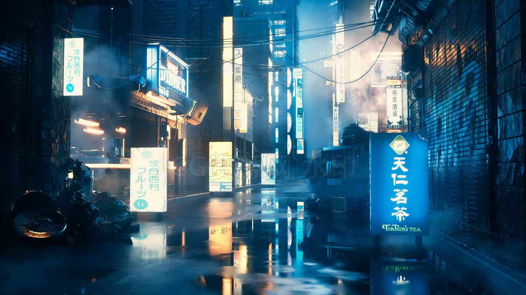 C4D模型B266-霓虹灯街道-B站/公众号:特效向