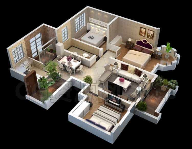 C4DA-123-欧式立体户型场景-C4D模型A室内-家居-办公-B站/公众号:特效向