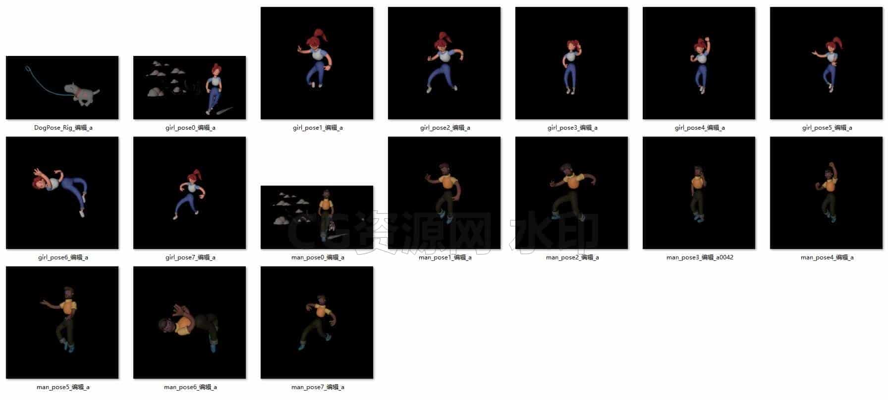 C4DD-014-16个-卡通人物IP模型包-带绑定-C4D模型A人物-动物-食物-B站/公众号:特效向