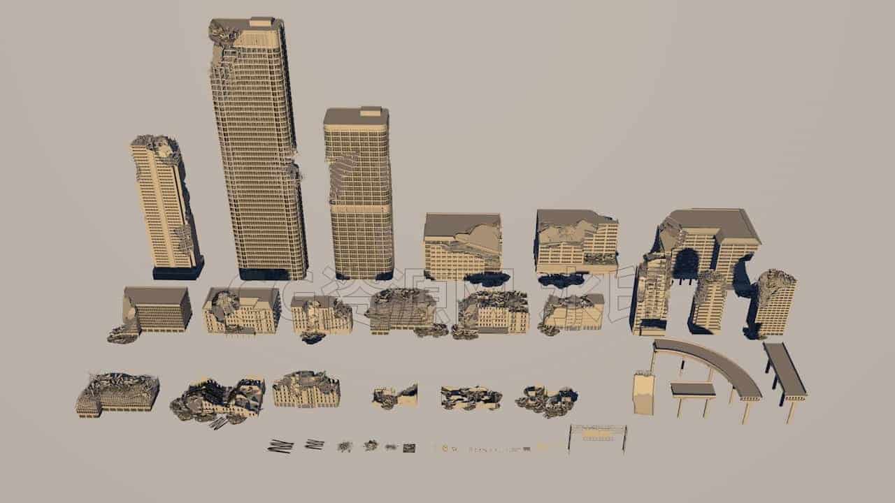 C4DE-034-30个-末日城市建筑-废墟-C4D模型A户外-城市-建筑-B站/公众号:特效向