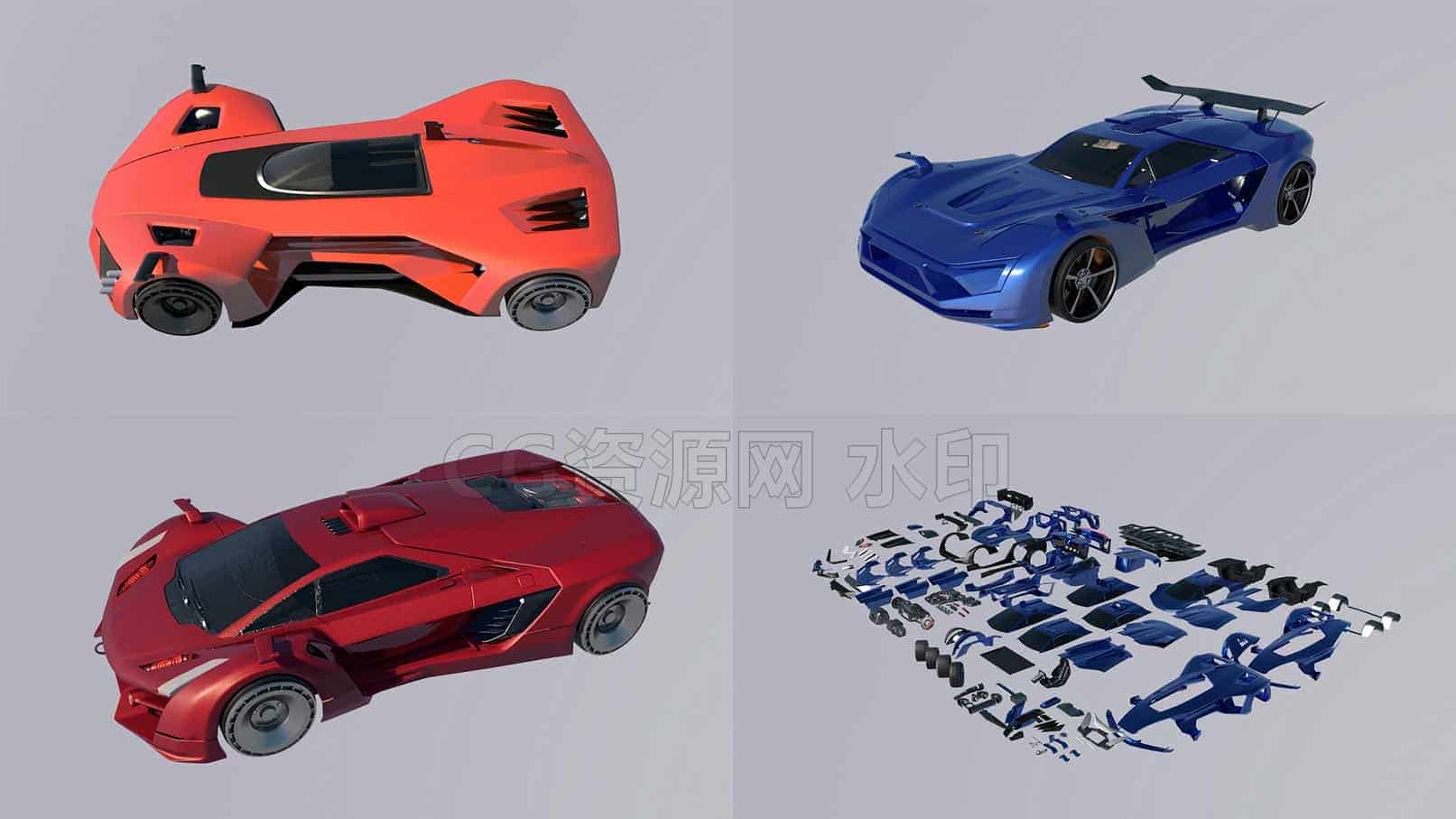 C4DH-001-3个-超级跑车-概念图-交通工具模型-C4D模型A交通-车船-飞机-B站/公众号:特效向