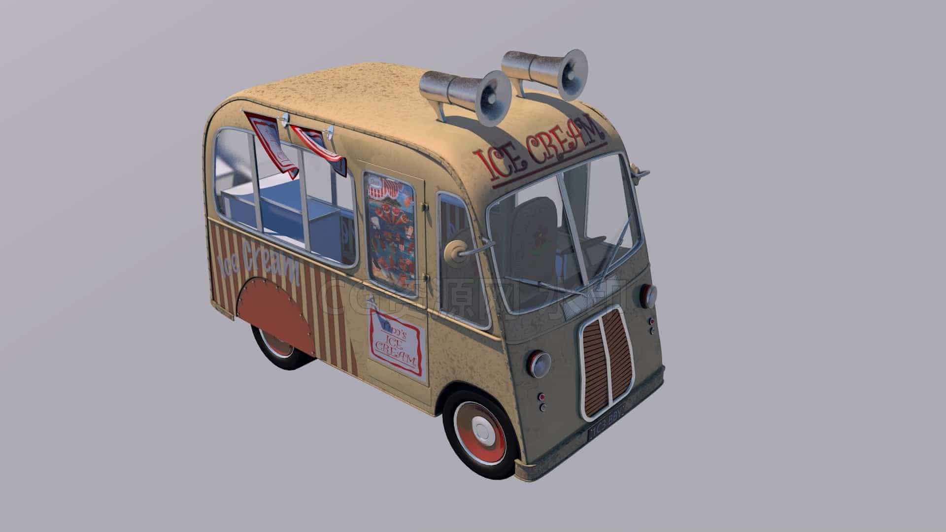 C4DH-023-冰淇淋卡车-C4D模型A交通-车船-飞机-B站/公众号:特效向