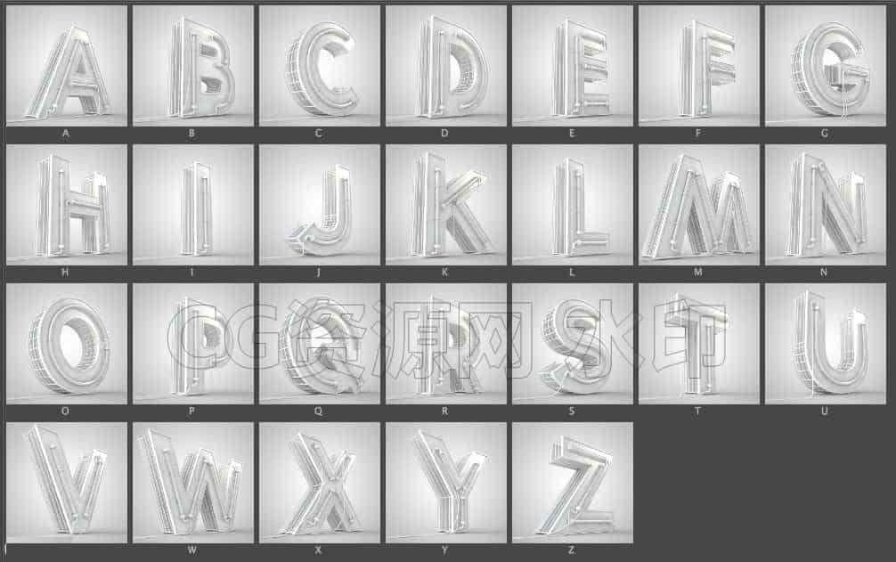C4DI-006-26个-英文字母-霓虹灯-文字-白膜-C4D模型A节日-动画-图标-B站/公众号:特效向