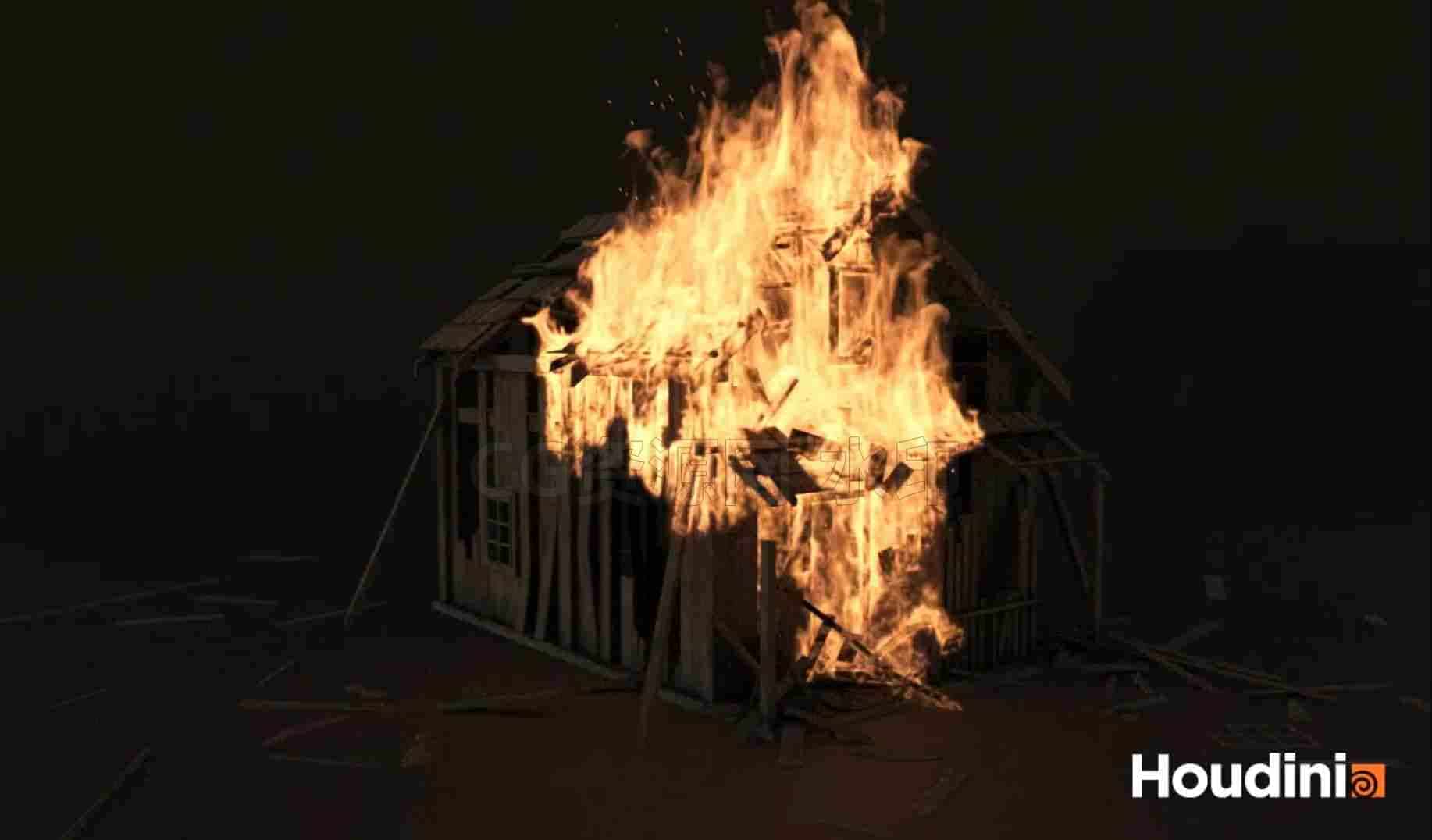 houdini小木屋着火焰fire效果hip工程文件-B站/公众号:特效向